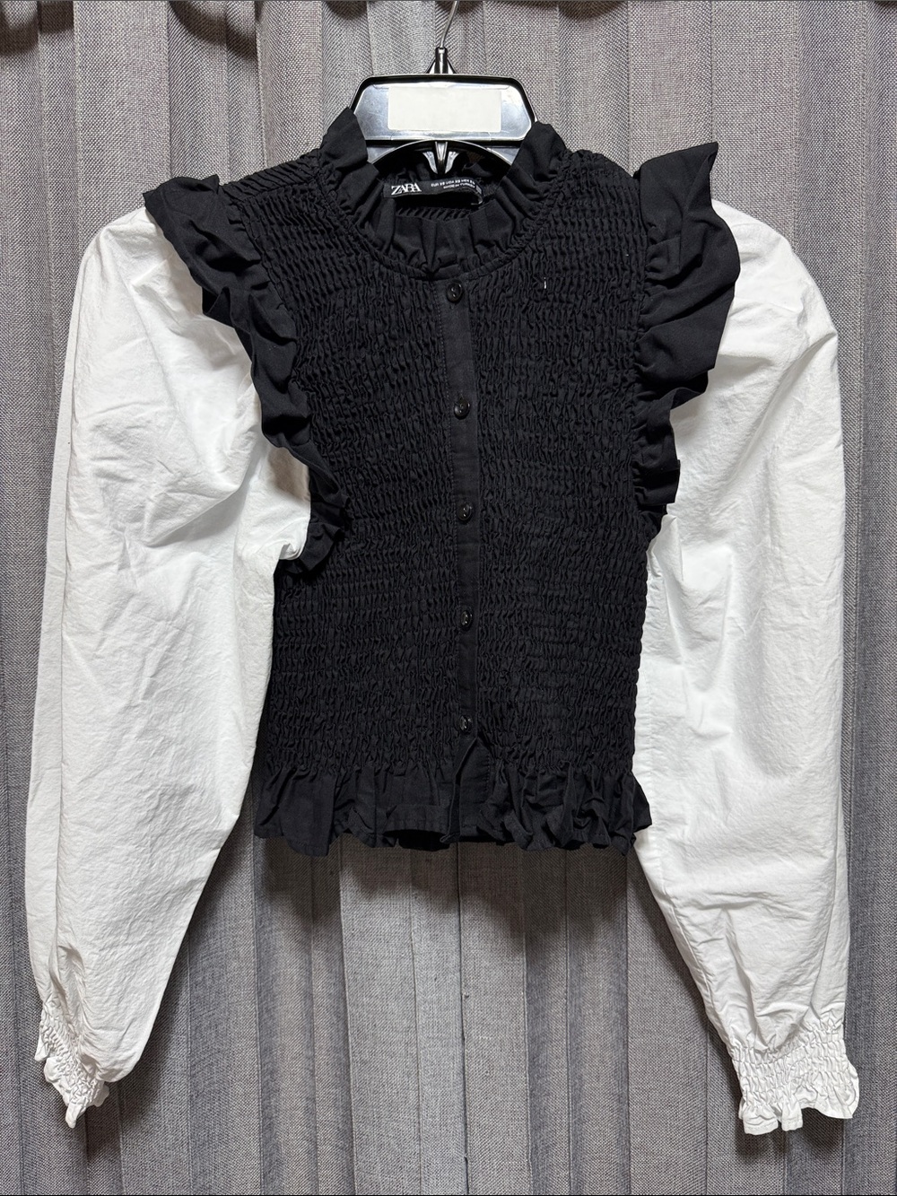 Zara Smocked Button-Front Blouse with Ruffle Neck - Picture 2 of 5